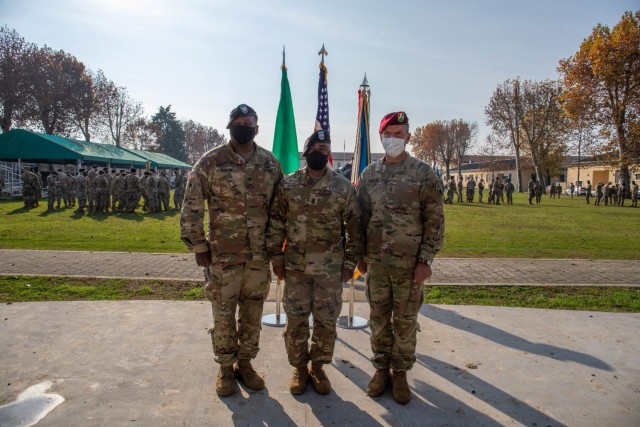 Col. Mark Denton, commander of the 207th Military Intelligence Brigade (Theater), Command Sgt. Maj. Maurice Parker and Maj. Gen. Andrew Rohling, commanding general of U.S. Army Southern European Task Force, Africa stand for a photo following a...