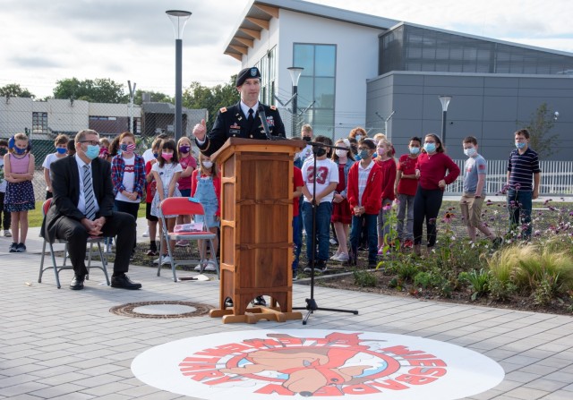 Col. Patrick Dagon, commander of the U.S. Army Corps of Engineers Europe District addresses students, staff members and guests during the ribbon cutting ceremony at the new Wiesbaden Elementary School in Wiesbaden, Germany, Sept. 16, 2021....