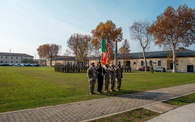 The 207th Military Intelligence Brigade (Theater) Color Guard marches out as part of the Assumption of Responsibility ceremony for Command Sgt. Maj. Maurice Parker Nov 18, 2021 on Caserma Ederle, Vicenza, Italy. Parker assumed responsibility of the 207th MIB (T) as the new command sergeant major in the ceremony. 