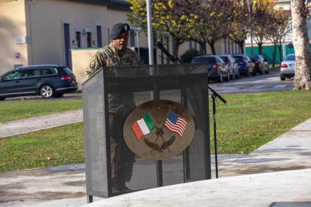 Command Sgt. Maj. Maurice Parker thanks the community for his warm welcome during an Assumption Of Responsibility ceremony on Caserma Ederle, Vicenza Italy, Nov 18, 2021. Parker assumed responsibility of the 207th MIB (T) as the new command sergeant major. 