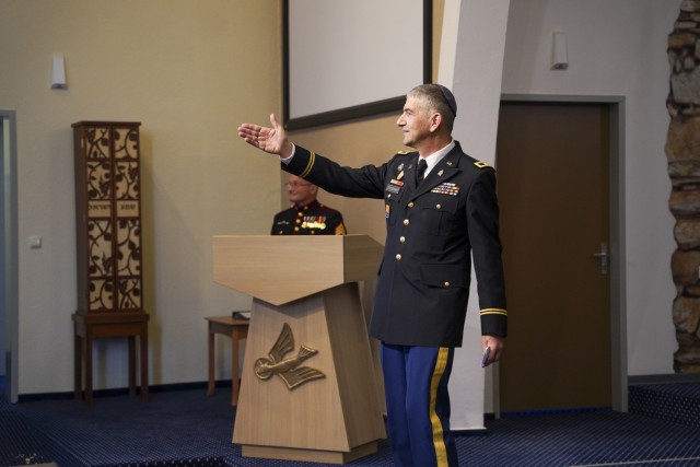Chaplain (Col.) Henry Soussan, Deputy Garrison Chaplain and Rabbi for U.S. Army Garrison Bavaria, speaks during his promotion ceremony to colonel at the Tower Barracks Chapel, Nov. 23, 2021. (U.S. Army photo by Julian Temblador / USAG Bavaria)