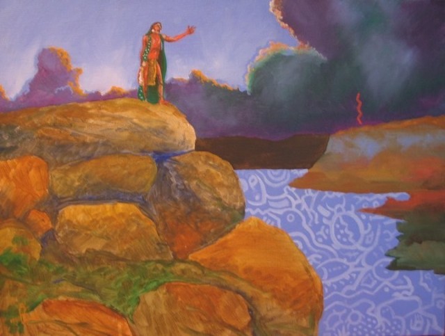 Painting titled “River Spirits” by Lance Foster. Foster’s tribe has been linked to the Missouri River for thousands of years. This painting represents his connection to the river through a spiritual man praying to the spirits of the river...