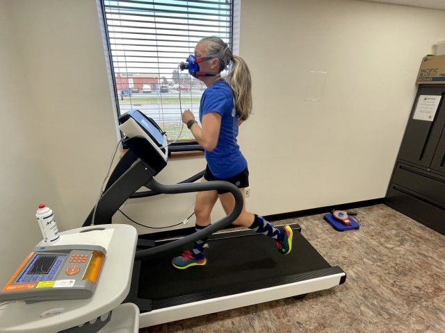 The VO2 Max test is on a treadmill equipped with a FitMate sensor that funnels air and measures your rate of oxygen consumption. It is a mask that is fitted to your face for testing.