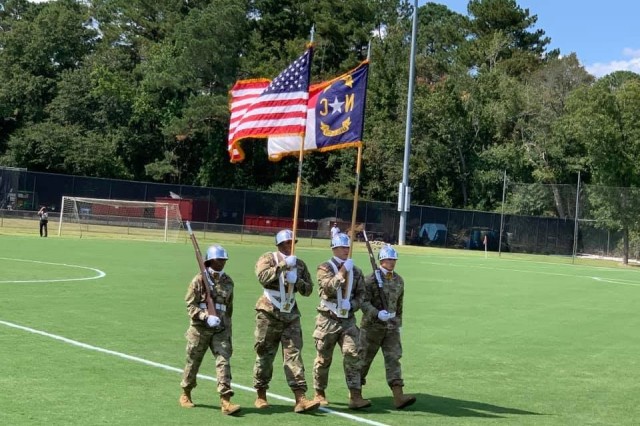 Cadet Justin Locklear serves as the member of the color guard for a soccer game at the University of North Carolina at Pembroke, Sept. 11, 2021 | Photo Provided by Cadet Justin Locklear