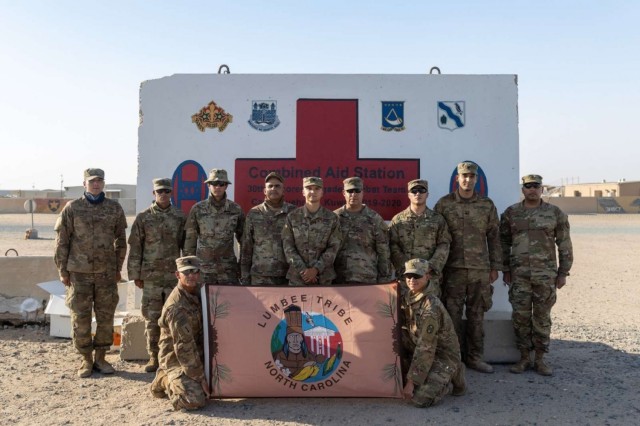 Spc. Justin Locklear stands with fellow U.S. Army Soldiers who are members of the Lumbee Native American Tribe during his National Guard deployment. All of these soldiers were from several units deployed to Kuwait in 2020. Locklear is now an Army ROTC Cadet at the University of North Carolina at Pembroke. | Photo Provided by Cadet Justin Locklear