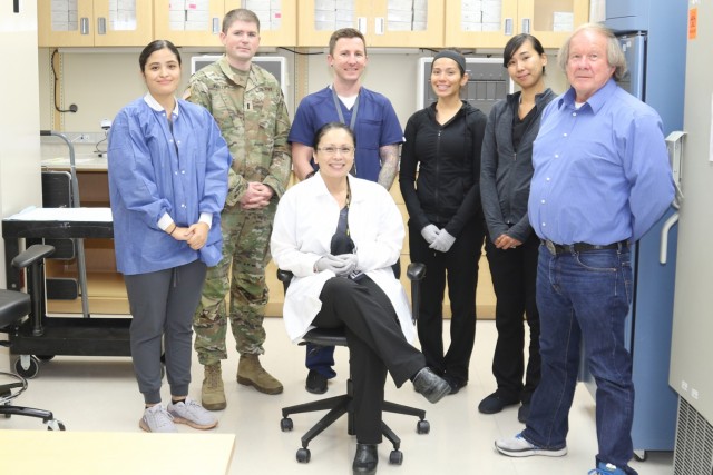 The Weed Army Community Hospital laboratory team pose for a photograph Nov. 29, 2021 in the Weed ACH lab on Fort Irwin, Calif. Weed ACH's lab, along with the Yuma Proving Grounds lab, passed College of American Pathologist (CAP) inspections,...