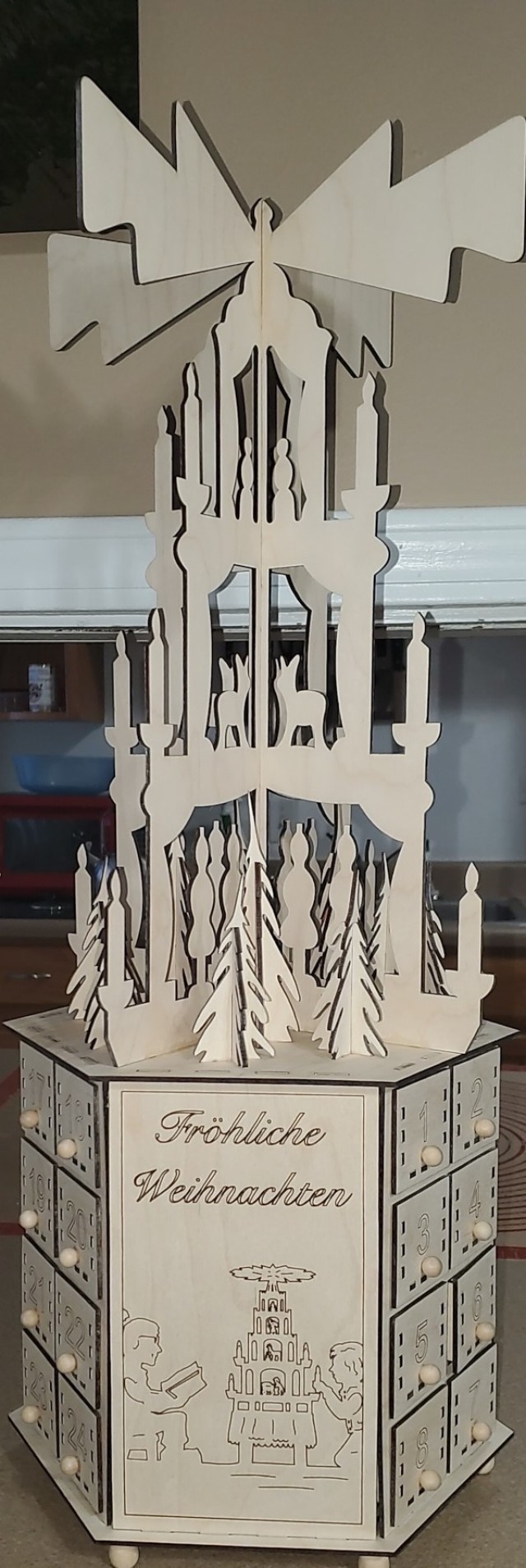 Chaplain (Col.) Gregory Swift, command chaplain, 1st Theater Sustainment Command, created this German-inspired Christmas tower out of Baltic birch wood using computer numerical control equipment in 2019 at Fort Knox, Kentucky. Wood working is a lifelong hobby for the chaplain.
