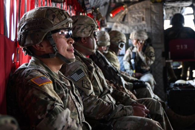 U.S. Soldiers conduct sling load operations with a CH-47 Chinook during a training exercise at the Rodriguez Live Fire Complex, South Korea, on March 25, 2021.