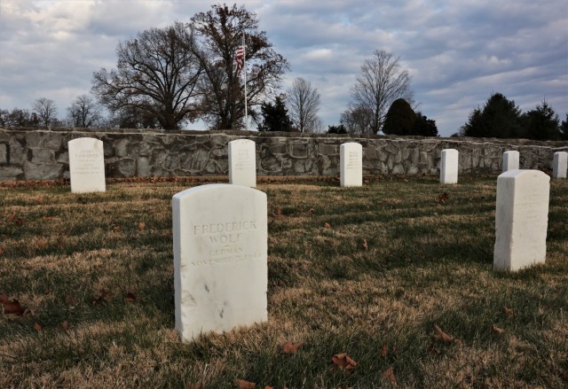 The grave of German POW Frederick Wolf is one of 17 at Fort Knox’s Main Post Cemetery. One Italian POW is also buried there.