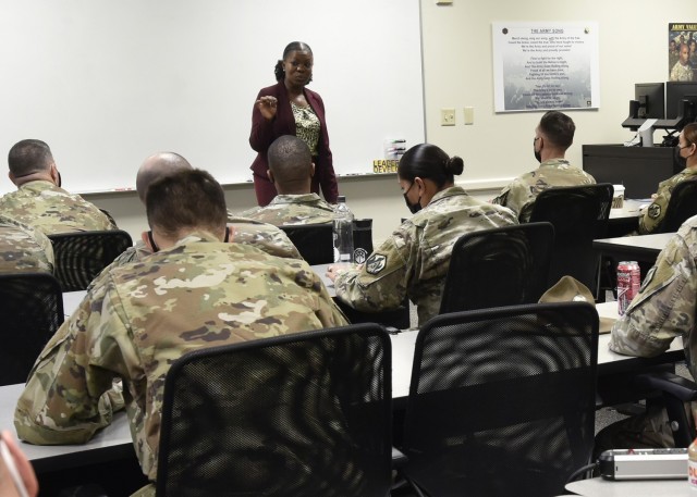 Dr. Donna Ferguson, U.S. Army Military Police School Behavioral Sciences Education and Training Division chief, speaks to leaders from the 3rd Battalion, 10th Infantry Regiment Wednesday in Thurman Hall about mental health. The opportunity provided an overview of the roots of stressors, the warning signs of possible stressors, coping skills and, most importantly, tools for leaders and battle buddies to employ in the event they should notice and or have to intervene with a battle buddy who needs support. 