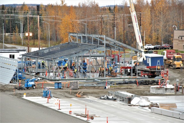 Workers engage in construction activities for a satellite dining facility on Sept. 20, 2019 at Eielson Air Force Base. The U.S. Army Corps of Engineers – Alaska District delivered the project in support of the installation’s F-35A aircraft beddown program. It is the latest district-built facility to achieve U.S. Green Building Council’s Leadership in Energy and Environmental Design silver certification for its sustainable design and construction practices that include factors like site selection, waste reduction, recycled products and more.