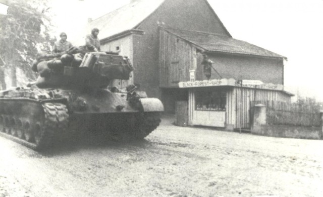 Before the construction of the so-called “Tank Trail”, tankers had to drive through downtown Baumholder to get on the military installation. Photo Credit: U.S. Army Archive