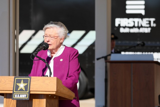 Alabama Governor Kay Ivey, speaks at the FirstNet Ribbon Cutting, on the AMC Parade Field, Dec. 2. 