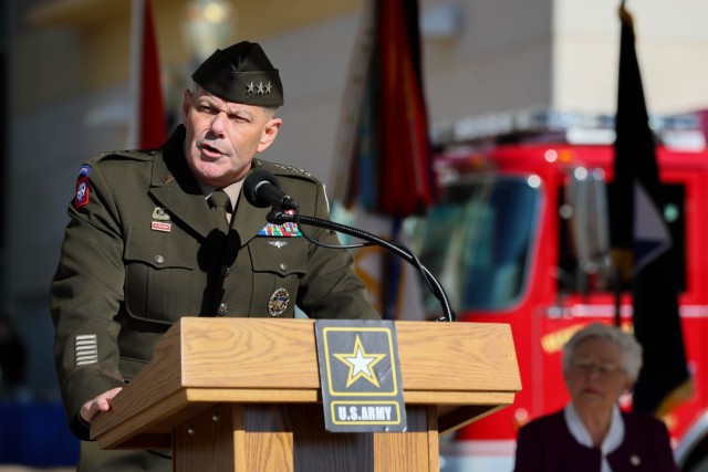 Lt. Gen. Donnie Walker, deputy commanding general of Army Materiel Command and senior commander of Redstone Arsenal, speaks at the FirstNet Ribbon Cutting, on the AMC Parade Field, Dec. 2. 