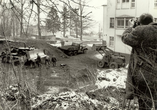 Engineers from the then 293rd Engineer Battalion supported efforts to build the Baumholder Town Center Hospital.  Photo credit: US Army Archives