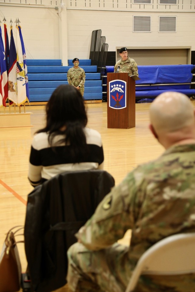 The 593rd Expeditionary Sustainment Command Deputy Commander for Operations, Col. Jason Affolder, discusses the 53rd Transportation Battalion&#39;s to Joint Base Lewis-McChord from Joint Base Eustis-Langley during an activation ceremony here, Dec. 3, 2021.  

The 53d Movement Control Battalion was first activated May 28, 1943 as Headquarters and Headquarters Detachment, 53d Quartermaster Truck Battalion, and it was activated again in North Africa June 22, 1943.

The battalion served in seven campaigns during World War II, including:
Sicily (with Arrowhead), Naples-Foggia, Anzio (with Arrowhead), Rome- Arno, Southern France (with Arrowhead), Rhineland, and central Europe.

With the advent of the Global War on Terrorism in 2001, the battalion has experienced a near constant rotation of units into and out of the CENTCOM area of responsibility with the headquarters and subordinate units deploying to Afghanistan, Iraq, and Kuwait as part of Operation Enduring Freedom, Iraqi Freedom, and New Dawn.  

Through a multitude of in-activations, re-designations, and re-activations the 53d Transportation Battalion has marched through the decades to its re-organization, Oct. 29, 1999, at Fort McPherson, Georgia, into the 53d Movement Control Battalion. The battalion most recently deployed out of Fort Eustis, Virginia, in support of Atlantic Resolve and the European Deterrence Initiative. 

Now that the mission is complete in support of Atlantic Resolve, the battalion re-stationed in August to Joint Base Lewis- McChord, activating as the Transportation Battalion (Movement Control) and stands ready to provide superior support to America&#39;s First Corps.

(U.S. Army photo by Sgt. 1st Class Tony White, 593rd Expeditionary Sustainment Command)