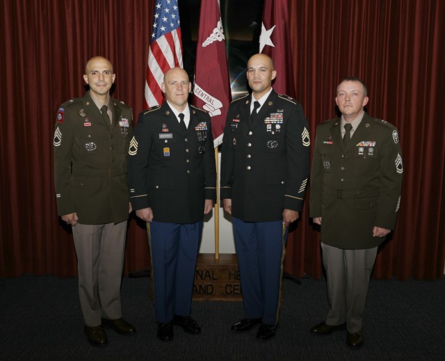 Competitors in the 2021 Regional Health Command – Central Career Counselor of the Year Competition from left: Sgt. 1st Class Hernán Cameron-Gonzalez, William Beaumont Army Medical Center; Sgt. 1st Class Adam McKinney, Reynolds Army Health Clinic; Sgt. 1st Class Nathaniel Williams-Griffin, General Leonard Wood Army Community Hospital; and Sgt. 1st Class Craig Bradberry, Weed Army Community Hospital. 
Photo by Erin Perez, RHC-C public affairs.
