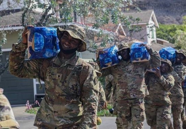 Soldiers deliver bottled water to Aliamanu Military Reservation and Red Hill residents in response to the ongoing water crisis.