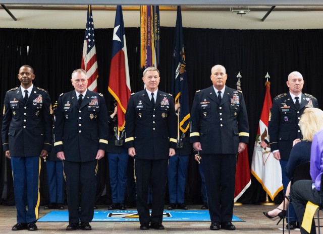 Chief of Staff of the Army Gen. James C. McConville (center) presides over the U.S. Army Futures Command transition ceremonies honoring (left to right) outgoing Command Sgt. Maj. Michael A. Crosby, retiring commanding general Gen. John M. Murray,...