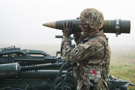 A U.S. Army paratrooper assigned to 4th battalion, 319th Field Artillery Regiment (Airborne) shoulders a round for the M777 Howitzer for an artillery fire capabilities demonstration during a leadership validation exercise.

This training is part of Exercise Bayonet Ready 22 at the Joint Multinational Readiness Center in the Hohenfels Training Area, Germany on Oct. 18, 2021.