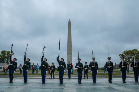Soldiers assigned to the U.S. Army Drill Team, 4th Battalion, 3d U.S. Infantry Regiment (The Old Guard), perform at the World War II Memorial, Washington, D.C., Oct. 12, 2021.

The U.S. Army Drill Team is a precision drill platoon with the primary mission of showcasing the Army both nationally and internationally through routines with bayonet-tipped 1903 Springfield rifles.