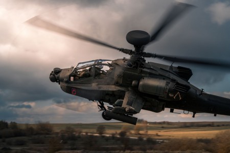 Chief Warrant Officer 3 Max Wannelius and Chief Warrant Officer 2 Laura Chmielowski, AH-64 pilots assigned to the 12th Combat Aviation Brigade, Wings of Victory, circle their Apache Longbow to re-attack targets during aerial gunnery tables at Grafenwöhr Training Area on April 14, 2021.