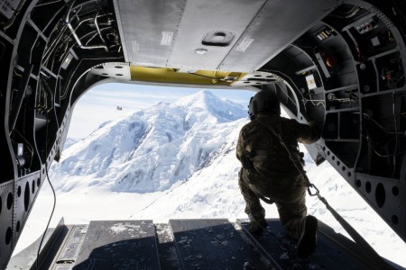 A soldier from the Sugar Bears of B Company, 1st Battalion, 52nd Aviation Regiment, kneels on the ramp of a Chinook, April 22, 2021. The Sugar Bears provided support to the National Park Service at Denali National Park and Reserve, Alaska.

The Sugar Bears are granted access to conduct training in the park in exchange for helping the National Park Service set up base camp for the 2021 Denali climbing season.