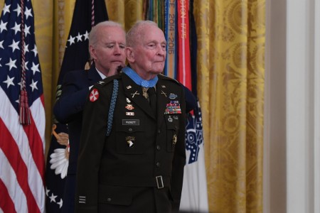 President Joseph R. Biden Jr. presents the Medal of Honor to retired U.S. Army Col. Ralph Puckett Jr. during a ceremony at the White House in Washington, D.C., May 21, 2021. 

Puckett was awarded the Medal of Honor for his heroic actions while serving as commander of the Eighth U.S. Army Ranger Company when his company of 51 Rangers was attacked by Chinese forces at Hill 205 near the Chongchon River, during the Korean War on Nov. 25, 1950.