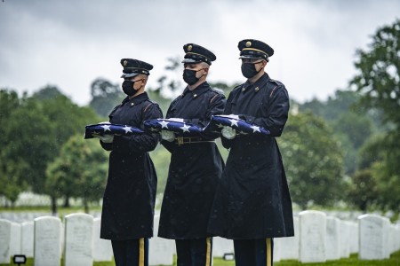 Soldiers from the 3d U.S. Infantry Regiment (The Old Guard) support military funeral honors for U.S. Army Master Sgt. Gable Gifford in Section 55 of Arlington National Cemetery, Arlington, Virginia, June 22, 2021.

Gifford served in the U.S. Army for over 20 years and had deployed five times to Colombia, Iraq, Afghanistan and other locations. His spouse, Candance Gifford, received the U.S. flag from her husband’s casket.