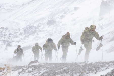 Soldiers cross-country ski at the Chilean Army Mountain School in Portillo, Chile, Aug. 21, 2021, during Southern Vanguard, an exercise between U.S. and Chilean troops.
