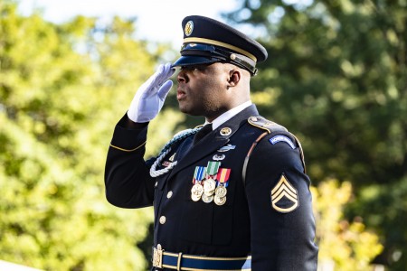A soldier from the 3d U.S. Infantry Regiment (The Old Guard) renders honors during an Army Full Honors Wreath-Laying Ceremony at the Tomb of the Unknown Soldier at Arlington National Cemetery, Arlington, Virginia, Oct. 20, 2021. The wreath was laid by Lt. Gen. Charalampos Lalousis, Chief of the Hellenic Army General Staff.