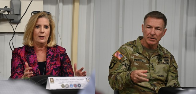 Secretary of the Army Christine Wormuth, Army Chief of Staff Gen. James McConville, Army Futures Command commander Gen. John M. Murray (not pictured), and other Army senior leaders discussed Project Convergence 21 with local and national media after the live demonstrations.