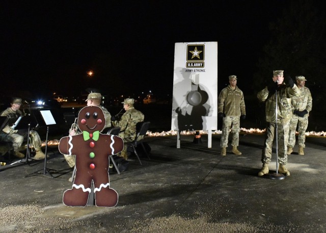 Col. Sean Crockett, U.S. Army Chemical, Biological, Radiological and Nuclear School commandant, speaks to the audience watching the Fort Leonard Wood tree-lighting ceremony via a live stream on the installation Facebook page.