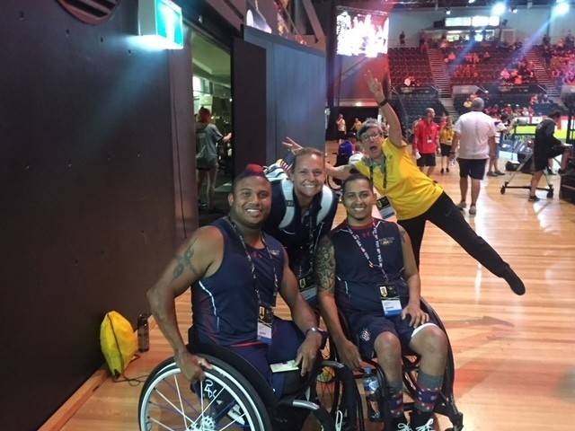 Coach Adriane Wilson takes a time out with Army Sgt. Ryan Major and Staff Sgt. Joel Rodriguez of Team USA at the 2018 Invictus Games in Sydney Australia. (Photo courtesy Adriane Wilson)