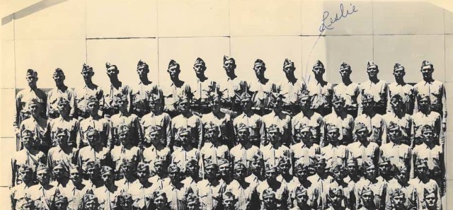 U.S. Marines, some of whom were killed in the Dec. 10, 1946, plane crash on Mount Rainier, pose for a unit picture following their boot camp graduation in 1946 in San Diego, California. U.S. Marine Corps Pvt. Leslie Simmons, who died in the crash, is identified by his first name, written by a family member.