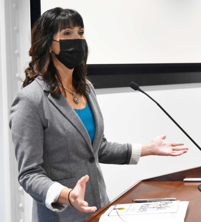 Heather Tahja, program manager of the U.S. Army Sustainment Command’s Journey to Leadership program, talks during a JTL Tier II at Rock Island Arsenal, Illinois. Tahja became the new program manager in July.