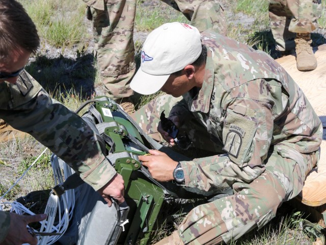 Parachute riggers with the 528th Sustainment Brigade (Special Operations) (Airborne) train on the Joint Precision Airdrop System during a training event April 1, 2017, at Fort Stewart, Georgia. This was the brigade&#39;s first time using JPADS, and it provided valuable experience for the parachute riggers.