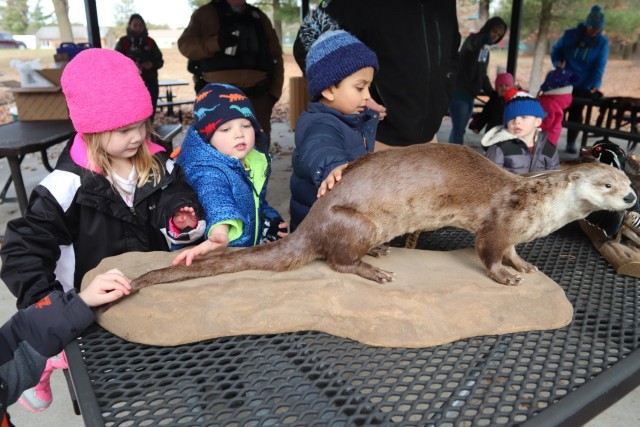 Children participating in the USO Wisconsin’s Hike and Hunt event Nov. 17, 2021, at Fort McCoy, Wis., look at taxidermy mounts that relate to animals of Wisconsin. The items were brought to the event by Natural Resources Specialist Kevin Luepke...