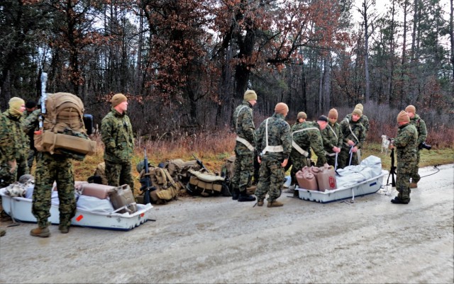 Marines with the 6th Marine Division of Camp Lejeune, N.C., participate in training Dec. 1, 2021, in the Cold-Weather Operations Course (CWOC) Class 22-01 at Fort McCoy, Wis. More than 150 Marines participated in the course that was temporarily...