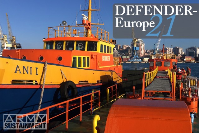 The Pastrimi Detar, a locally procured fuel barge in Durres, Albania, on 4 May heads to sea with members of the 7th Transportation Brigade (Expeditionary) and 21st Theater Sustainment Command to conduct joint petroleum over the shore as part of DEFENDER-Europe 21. 