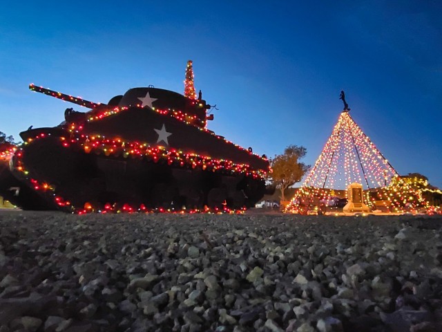 The M4 Sherman display, one of the armored vehicles used by the 11th Armored Cavalry Regiment in the past, has been decorated for the season in Wickam Park, Fort Irwin, Calif., on December 8, 2021. Wickam Park is one of the locations in the Regiment's footprint that are dedicated to the preservation of history.