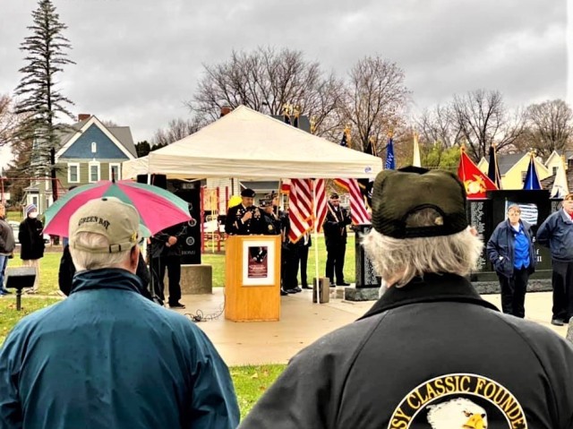 Fort McCoy (Wis.) Garrison Commander Col. Michael Poss provides special comments Nov. 11, 2021, during a Veterans Day ceremony in Sparta, Wis. Poss was one of several Fort McCoy Soldiers and civilian employees to support ceremonies in communities...