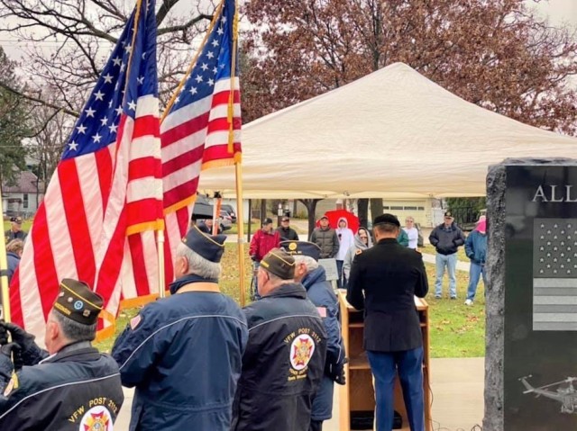 Fort McCoy (Wis.) Garrison Commander Col. Michael Poss provides special comments Nov. 11, 2021, during a Veterans Day ceremony in Sparta, Wis. Poss was one of several Fort McCoy Soldiers and civilian employees to support ceremonies in communities...
