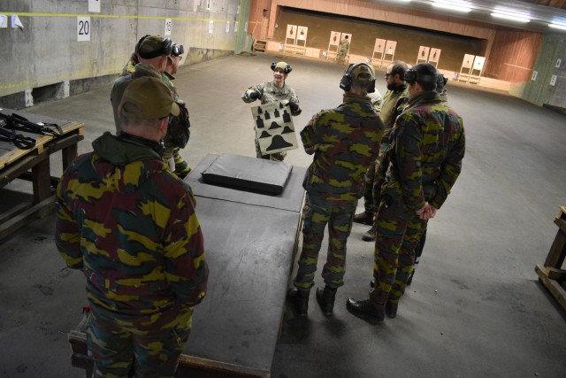 Sgt. 1st Class Jerri Lynn Daniels, U.S. Army Garrison Benelux – Brussels provost sergeant and Directorate of Emergency Services noncommissioned officer in charge describes targeting goals during a Law Enforcement Weapons Training and...