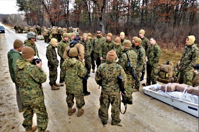 Marines with the 6th Marine Division of Camp Lejeune, N.C., participate in training Dec. 1, 2021, in the Cold-Weather Operations Course (CWOC) Class 22-01 at Fort McCoy, Wis. More than 150 Marines participated in the course that was temporarily...