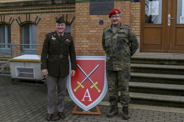U.S. Army Brig. Gen. Joseph Hilbert, commander of 7th Army Training Command, meets with German Army Maj. Gen. Michael Hochwart, the commander of Germany’s Army Training Command, Dec. 6, 2021, at the General Olbricht Kaserne in Leipzig, Germany. Hilbert and Hochwart discussed ongoing and future partnerships between the two NATO Allies. 