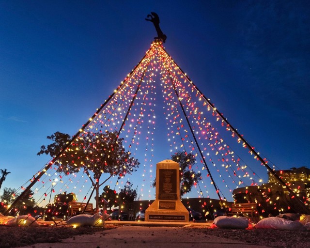The Regimental Tree lit up for the season in Wickam Park, Fort Irwin, Calif., on December 8, 2021. Wickam Park is one of the locations in the Regiment's footprint that are dedicated to the preservation of history.