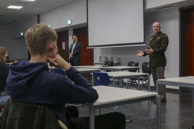 US Army Brigadier.  General Joseph Hilbert, commander of the 7th Army Training Command, speaks to German students at the Gerda-Taro gymnasium with the Consul General of the United States Consulate General in Leipzig Ken Toko, December 6, 2021, in Leipzig, Germany.  Toko and Hilbert met students for a broad discussion as part of the Consulate's “Meet US” program. 