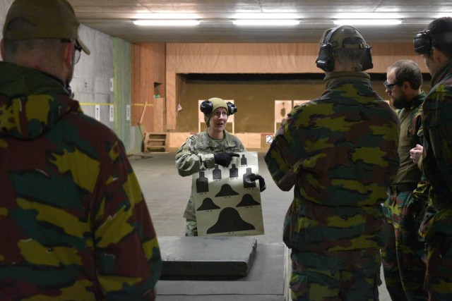 Sgt. 1st Class Jerri Lynn Daniels, U.S. Army Garrison Benelux – Brussels provost sergeant and Directorate of Emergency Services noncommissioned officer in charge describes targeting goals during a Law Enforcement Weapons Training and...