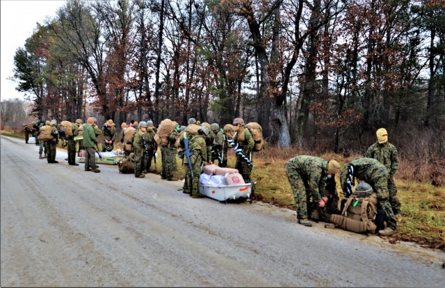 Marines with the 6th Marine Division of Camp Lejeune, N.C., participate in training Dec. 1, 2021, in the Cold-Weather Operations Course (CWOC) Class 22-01 at Fort McCoy, Wis. More than 150 Marines participated in the course that was temporarily...